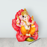 Ganesh Murti Sitting On Hibiscus Flower - 7 x 7 Inches | Marble Dust Murti/ Painted Vinayaka Statue for Pooja - Retail Maharaj