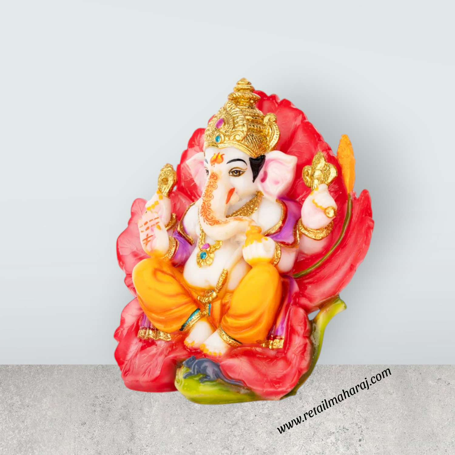 Ganesh Murti Sitting On Hibiscus Flower - 7 x 7 Inches | Marble Dust Murti/ Painted Vinayaka Statue for Pooja - Retail Maharaj