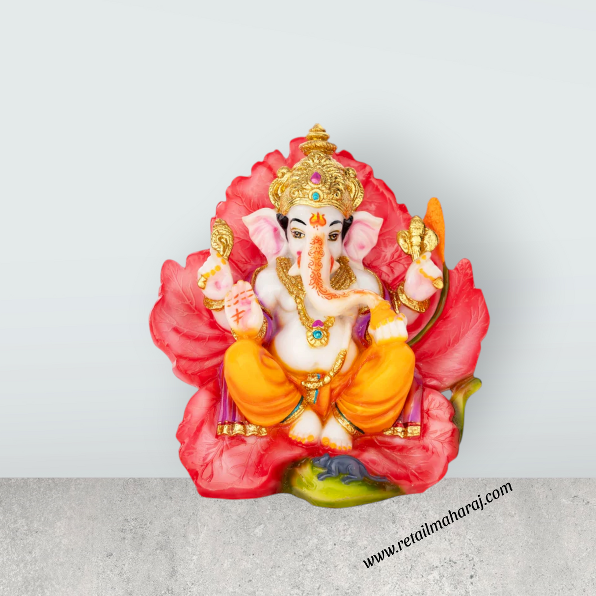 Ganesh Murti Sitting On Hibiscus Flower - 7 x 7 Inches | Marble Dust Murti/ Painted Vinayaka Statue for Pooja - Retail Maharaj
