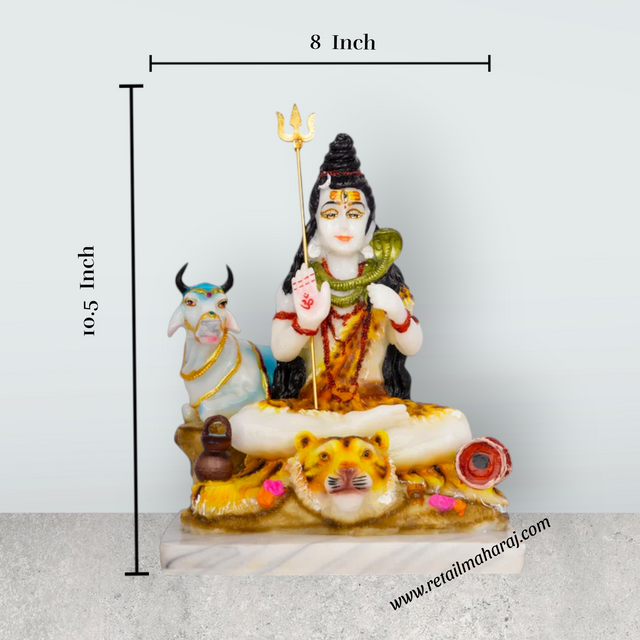 Shiva Statue With Nandi Statue - 10.5 x 8 Inches | Marble Dust Murti/ Coloured Shiv Statue for Pooja - Retail Maharaj