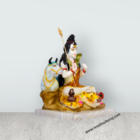 Shiva Statue With Nandi Statue - 10.5 x 8 Inches | Marble Dust Murti/ Coloured Shiv Statue for Pooja - Retail Maharaj