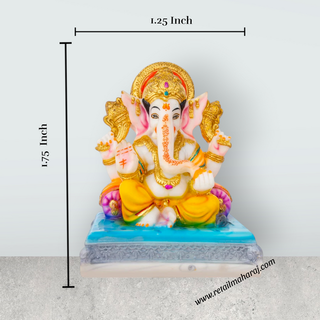Ganesh Murti Sitting On Base - 7.5 x 6 Inches | Marble Dust Murti/ Painted Vinayaka Statue for Worship - Retail Maharaj