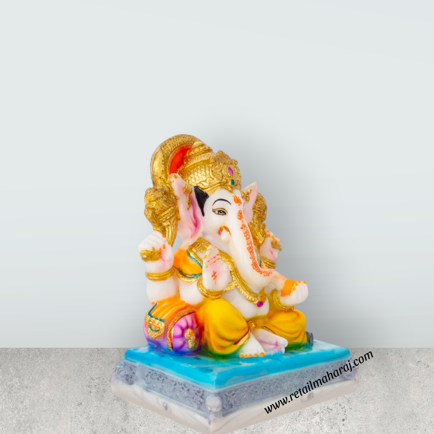 Ganesh Murti Sitting On Base - 7.5 x 6 Inches | Marble Dust Murti/ Painted Vinayaka Statue for Worship - Retail Maharaj