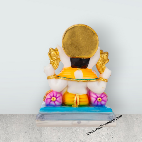 Ganesh Murti Sitting On Base - 7.5 x 6 Inches | Marble Dust Murti/ Painted Vinayaka Statue for Worship - Retail Maharaj