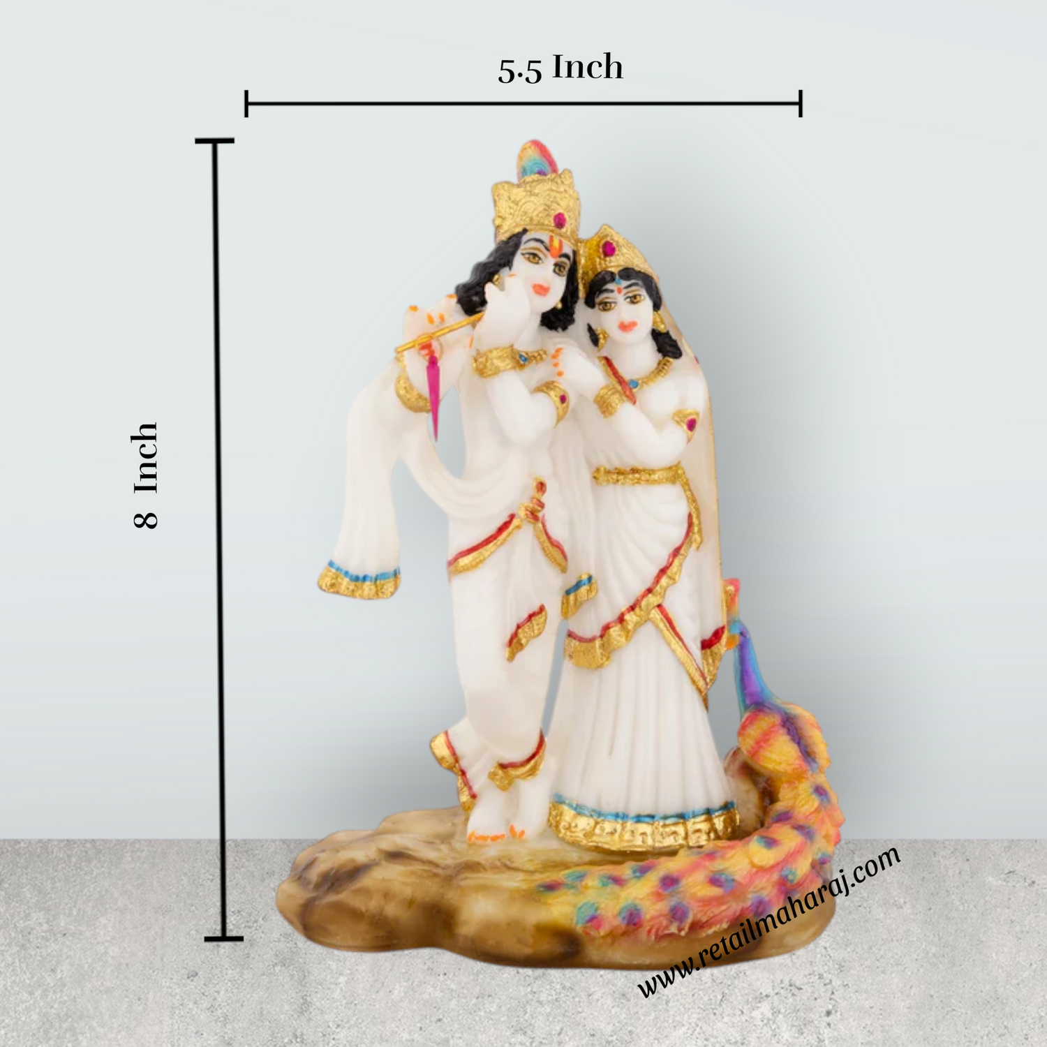 Radha Krishna Murti With Peacock - 8 x 5.5 Inches | Marble Murti / Standing Radha Krishna Idol For Home Décor - Retail Maharaj