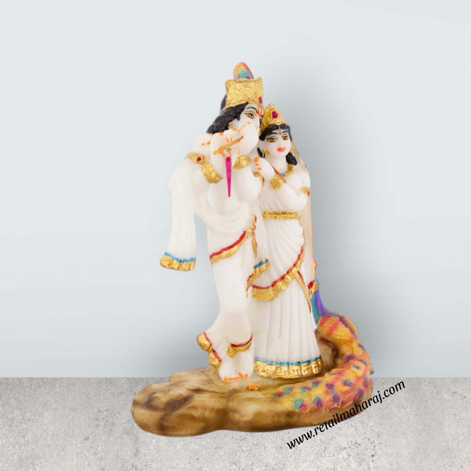 Radha Krishna Murti With Peacock - 8 x 5.5 Inches | Marble Murti / Standing Radha Krishna Idol For Home Décor - Retail Maharaj