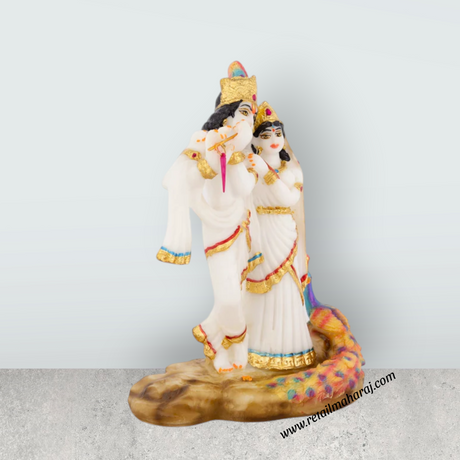 Radha Krishna Murti With Peacock - 8 x 5.5 Inches | Marble Murti / Standing Radha Krishna Idol For Home Décor - Retail Maharaj