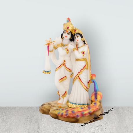 Radha Krishna Murti With Peacock - 8 x 5.5 Inches | Marble Murti / Standing Radha Krishna Idol For Home Décor - Retail Maharaj