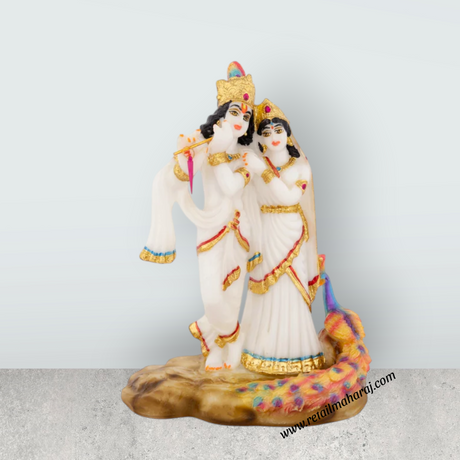 Radha Krishna Murti With Peacock - 8 x 5.5 Inches | Marble Murti / Standing Radha Krishna Idol For Home Décor - Retail Maharaj