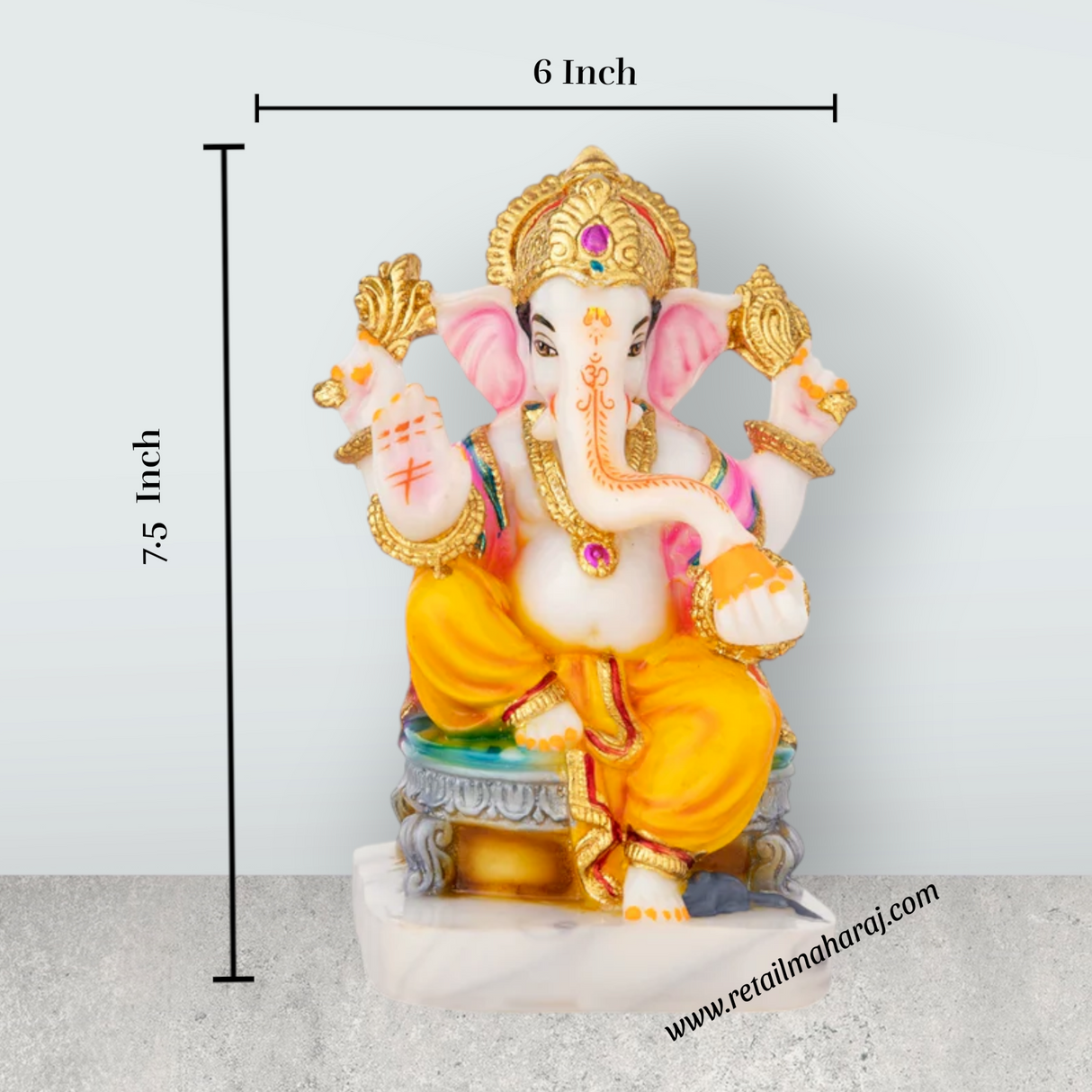 Ganesh Murti Sitting On Bajot - 7.5 x 6 Inches | Marble Dust Murti/ Painted Vinayaka Statue for Pooja - Retail Maharaj