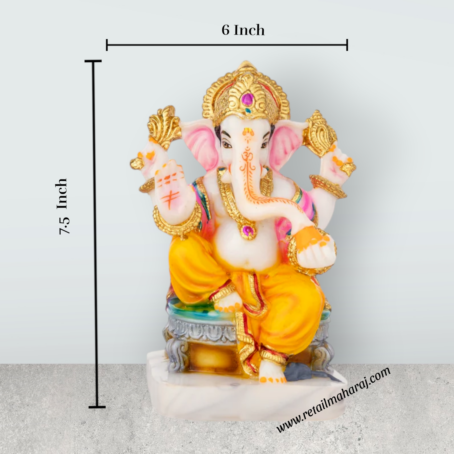 Ganesh Murti Sitting On Bajot - 7.5 x 6 Inches | Marble Dust Murti/ Painted Vinayaka Statue for Pooja - Retail Maharaj