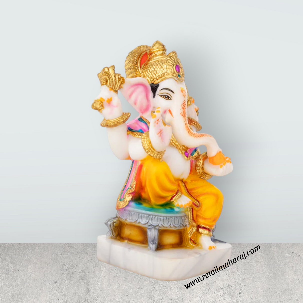 Ganesh Murti Sitting On Bajot - 7.5 x 6 Inches | Marble Dust Murti/ Painted Vinayaka Statue for Pooja - Retail Maharaj