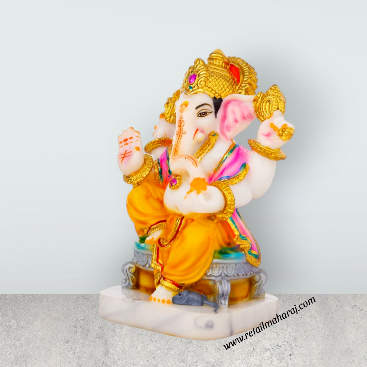 Ganesh Murti Sitting On Bajot - 7.5 x 6 Inches | Marble Dust Murti/ Painted Vinayaka Statue for Pooja - Retail Maharaj