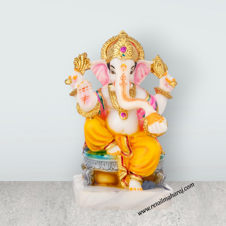 Ganesh Murti Sitting On Bajot - 7.5 x 6 Inches | Marble Dust Murti/ Painted Vinayaka Statue for Pooja - Retail Maharaj