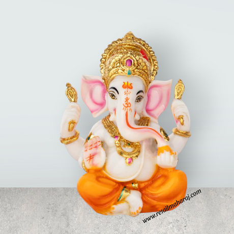 Ganesh Murti - 6.5 x 4.5 Inches | Marble Dust Murti/ Painted Vinayaka Statue/ Sitting Ganpati Murti for Worship - Retail Maharaj