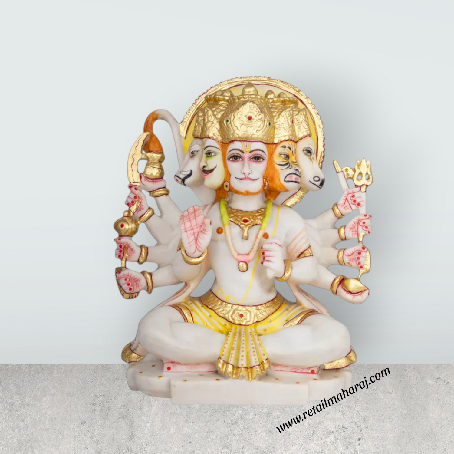 Panchamukhi Hanuman Sitting On Base Murti - 12 x 9 Inches | Marble Statue / Anjaneyar Sculpture For Home Decor