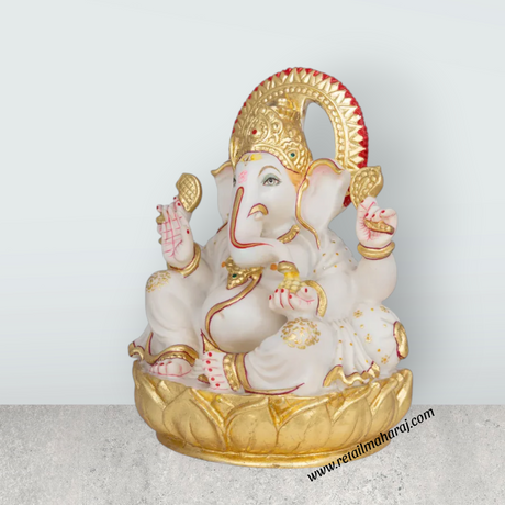 Ganesha Sitting On Lotus Murti - 12 x 8 Inches | Marble Ganesh Idol / Vinayagar Sculpture Decor For Home & Pooja - Retail Maharaj