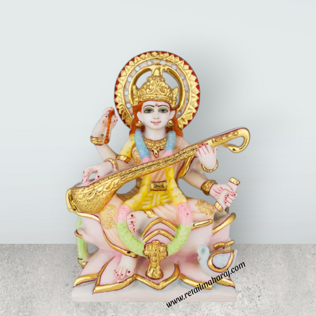 Saraswati Sitting On Base Murti - 9 x 6.5 Inches | Marble Idol / Saraswathy Statue For Home Pooja Décor - Retail Maharaj
