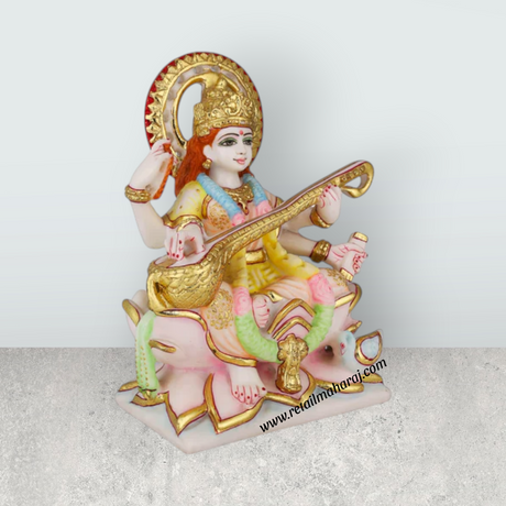 Saraswati Sitting On Base Murti - 9 x 6.5 Inches | Marble Idol / Saraswathy Statue For Home Pooja Décor - Retail Maharaj