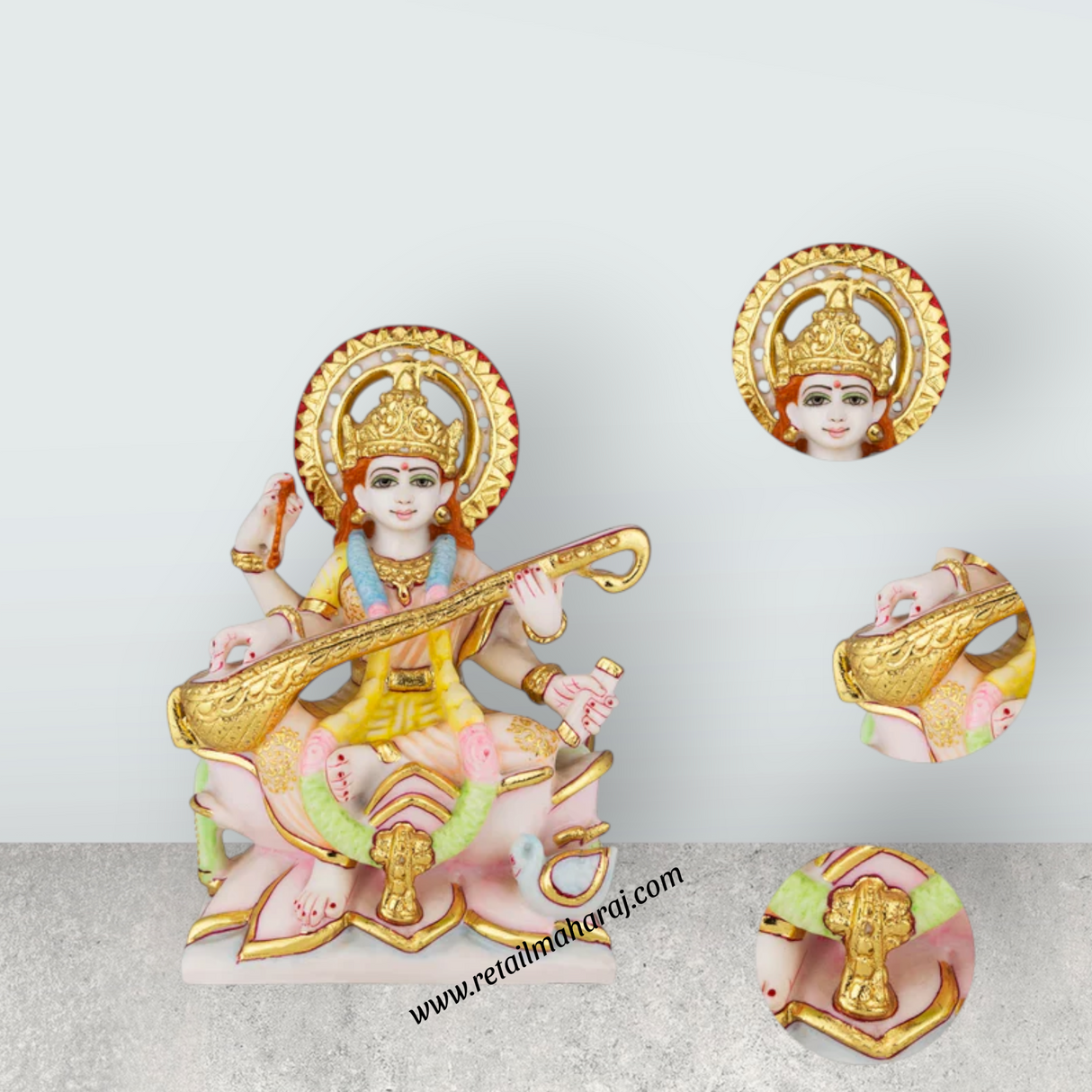 Saraswati Sitting On Base Murti - 9 x 6.5 Inches | Marble Idol / Saraswathy Statue For Home Pooja Décor - Retail Maharaj
