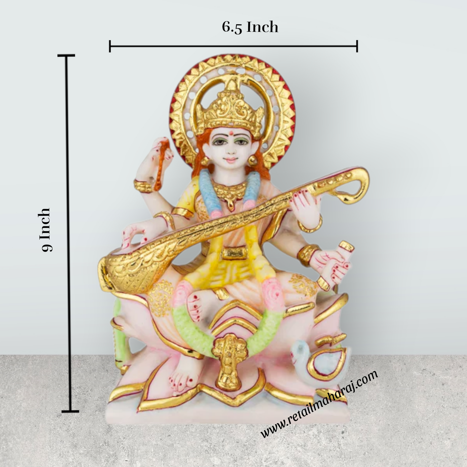 Saraswati Sitting On Base Murti - 9 x 6.5 Inches | Marble Idol / Saraswathy Statue For Home Pooja Décor - Retail Maharaj