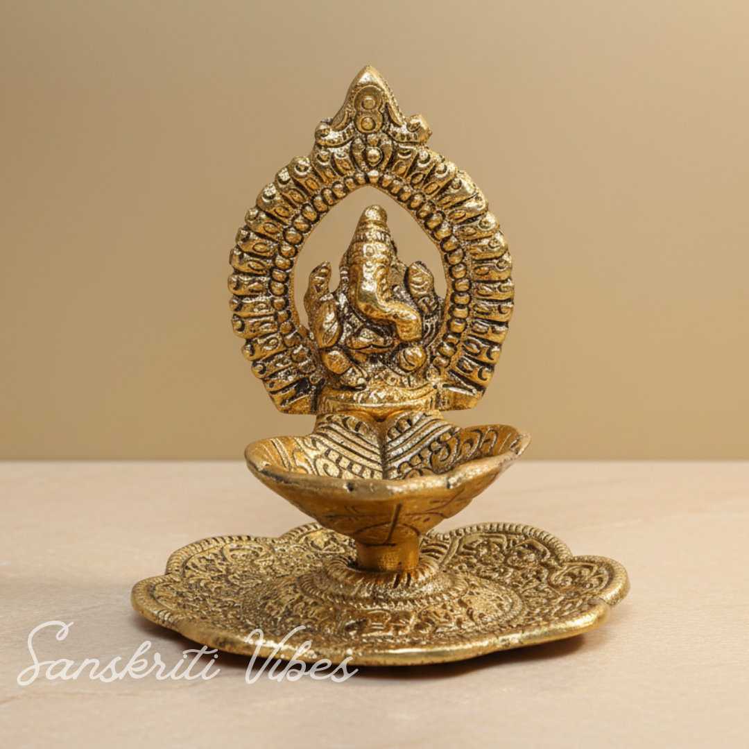 Aluminium Metal Ganesh Diya with Swastik Engraving – Gold Plated Hath Deepak Ganesh Statue for Home Decor & Auspicious Puja (Glossy Finish, Made in India)