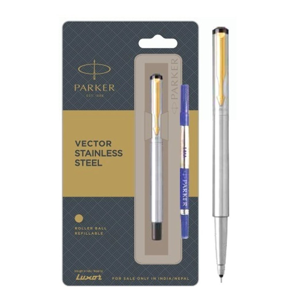 Parker Vector Stainless Steel Gold Trim Roller Ball Pen | Ink Color – Blue