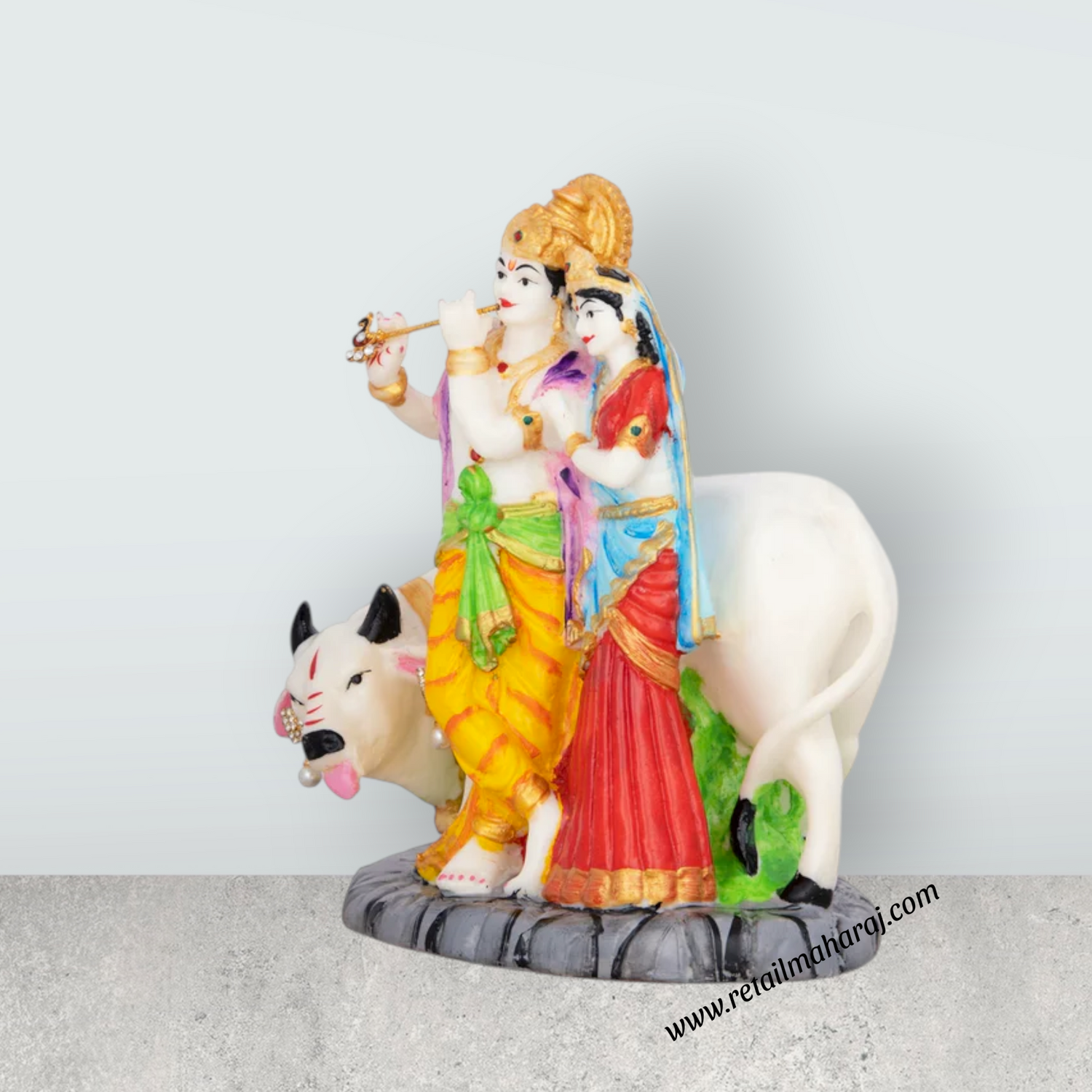 Radha Krishna Murti With Cow - 8 x 7 Inches | Marble Murti/ Coloured Radha Krishna Idol for Pooja - Retail Maharaj