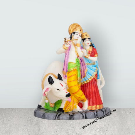 Radha Krishna Murti With Cow - 8 x 7 Inches | Marble Murti/ Coloured Radha Krishna Idol for Pooja - Retail Maharaj