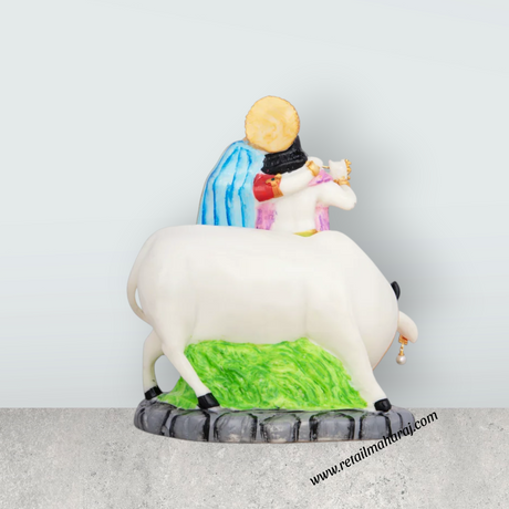 Radha Krishna Murti With Cow - 8 x 7 Inches | Marble Murti/ Coloured Radha Krishna Idol for Pooja - Retail Maharaj