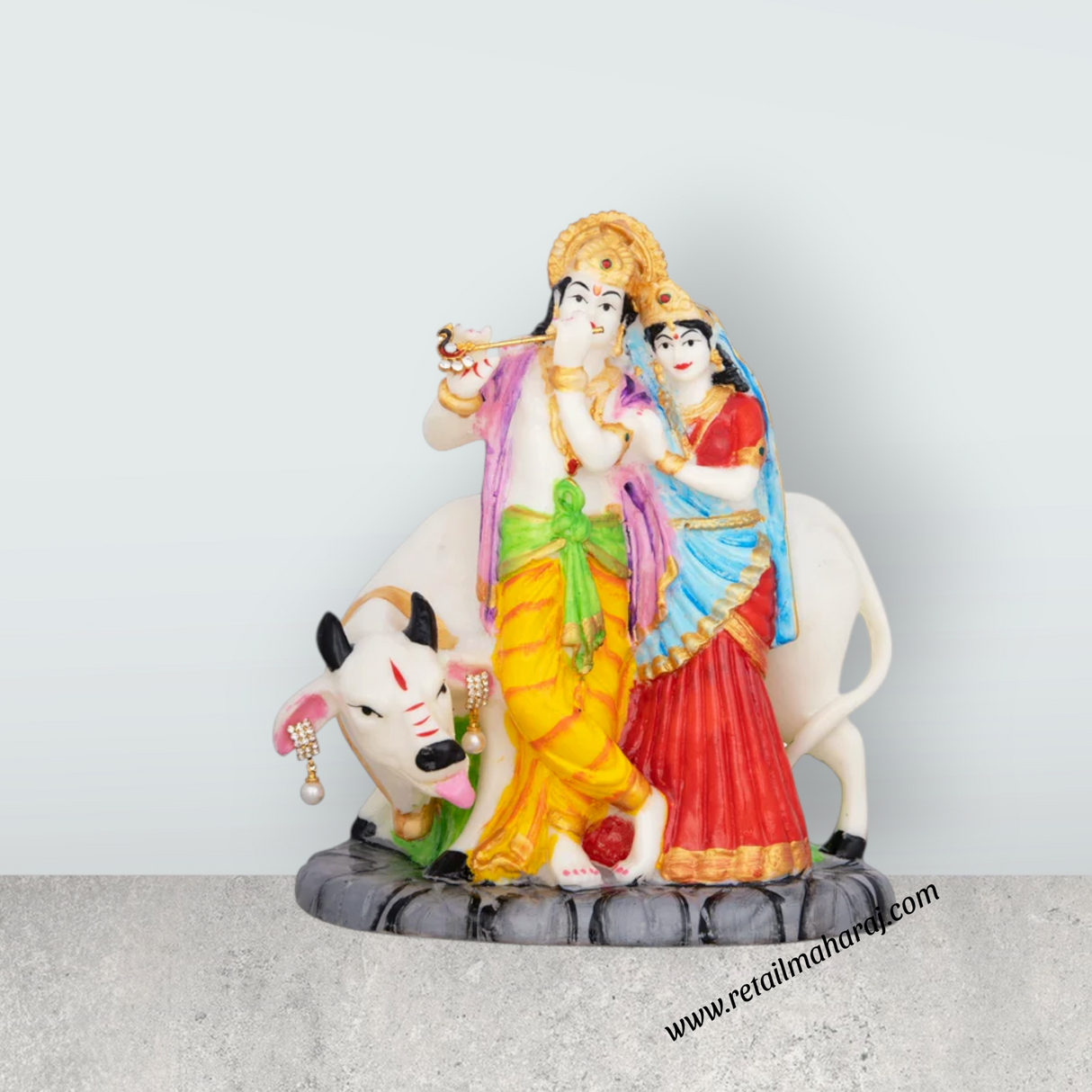 Radha Krishna Murti With Cow - 8 x 7 Inches | Marble Murti/ Coloured Radha Krishna Idol for Pooja - Retail Maharaj