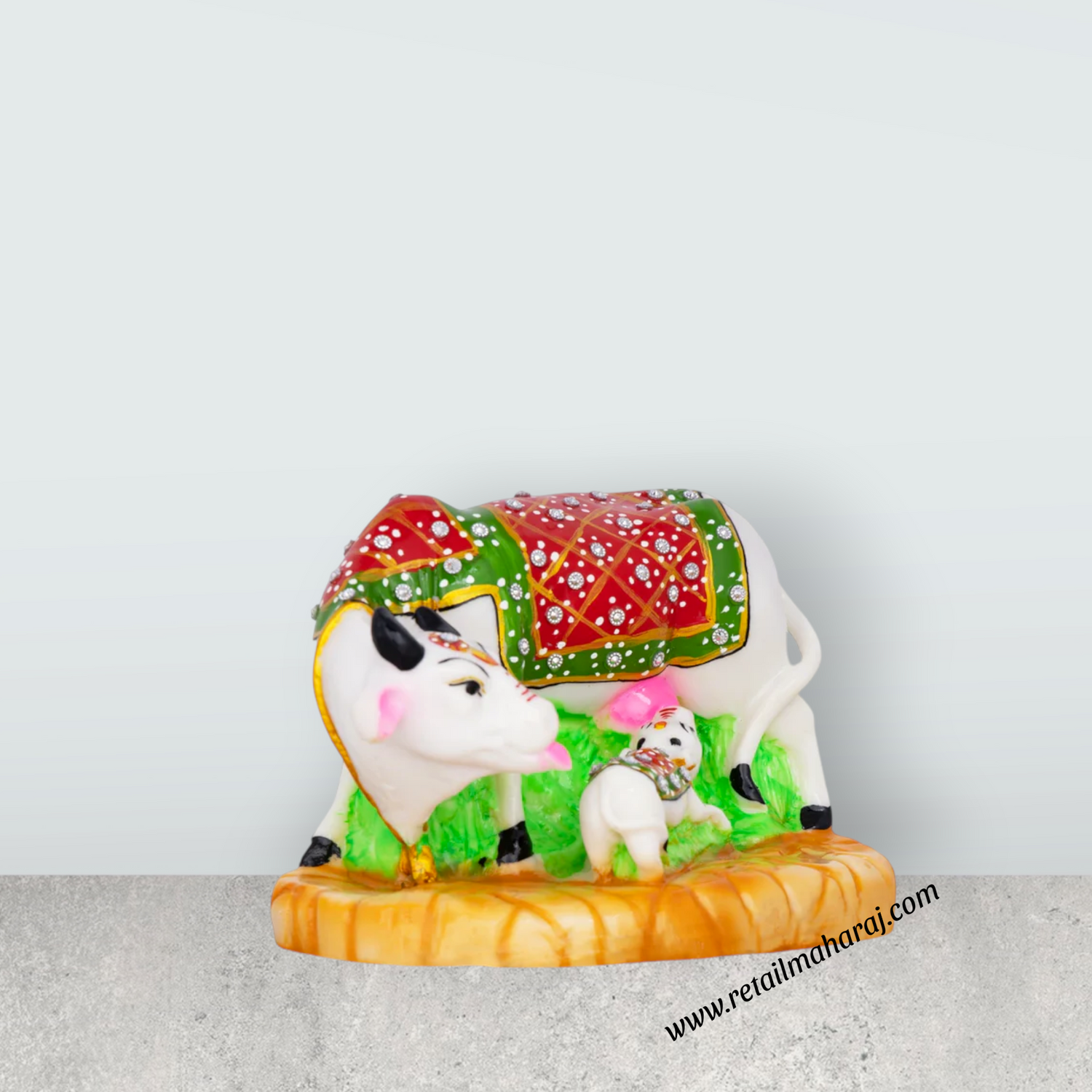 Cow With Calf Idol With Base - 5 x 7 Inches | Marble Kamdhenu Cow And Calf Idol/ Cow Calf Idol for Home - Retail Maharaj