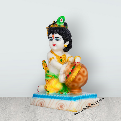Butter Krishna Murti With Base - 8 x 5 Inches | Marble Murti/ Krishna Idol for Home & Office - Retail Maharaj