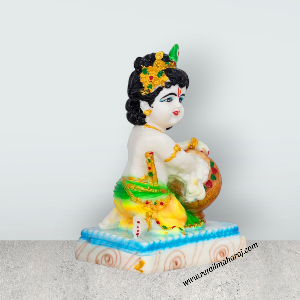 Butter Krishna Murti With Base - 8 x 5 Inches | Marble Murti/ Krishna Idol for Home & Office - Retail Maharaj