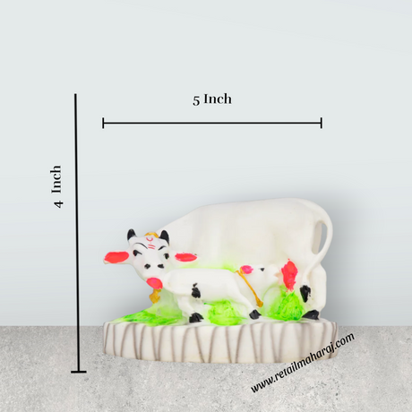 Cow With Calf Idol With Base - 4 x 5 Inches | Marble Kamdhenu Cow And Calf Idol/ Cow Calf Idol for Home - Retail Maharaj