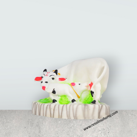 Cow With Calf Idol With Base - 4 x 5 Inches | Marble Kamdhenu Cow And Calf Idol/ Cow Calf Idol for Home - Retail Maharaj