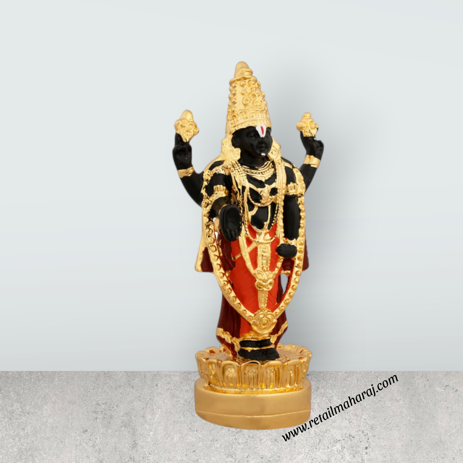 Vishnu Murti Standing On Lotus - 5 x 2.25 Inches | Gold Polish Balaji Murti/ Resin Balaji Idol for Pooja - Retail Maharaj