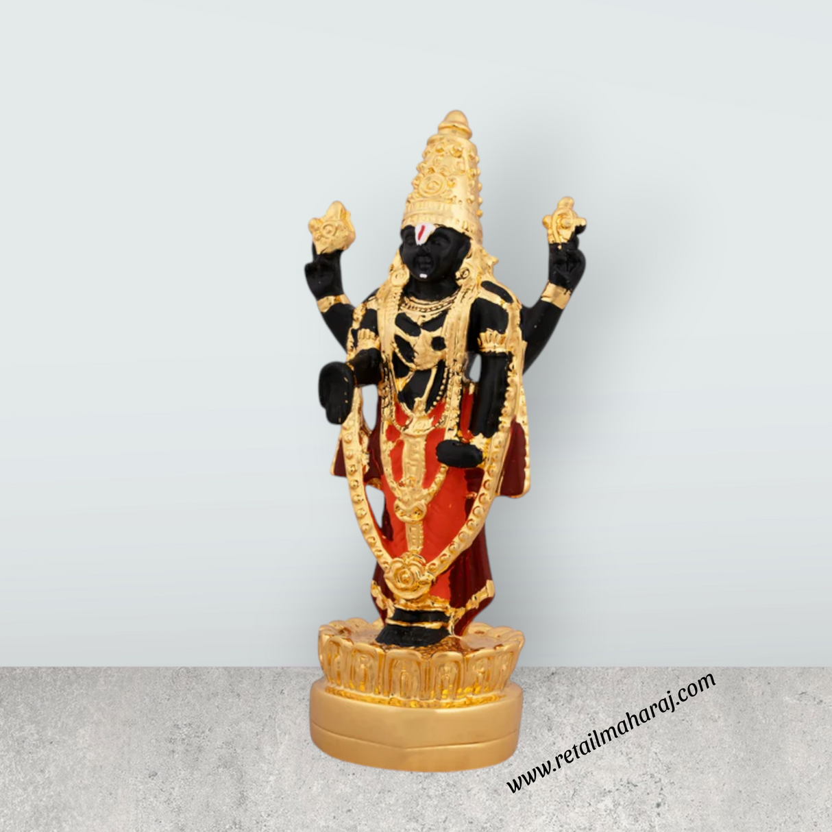 Vishnu Murti Standing On Lotus - 5 x 2.25 Inches | Gold Polish Balaji Murti/ Resin Balaji Idol for Pooja - Retail Maharaj