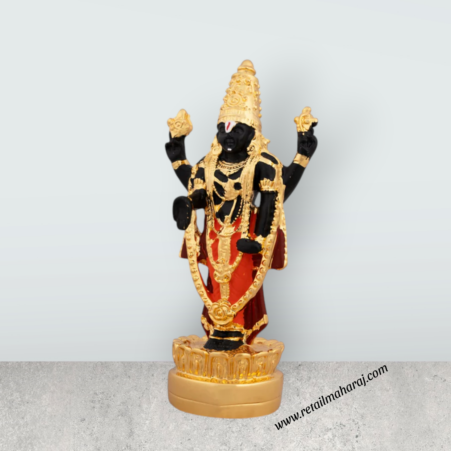 Vishnu Murti Standing On Lotus - 5 x 2.25 Inches | Gold Polish Balaji Murti/ Resin Balaji Idol for Pooja - Retail Maharaj