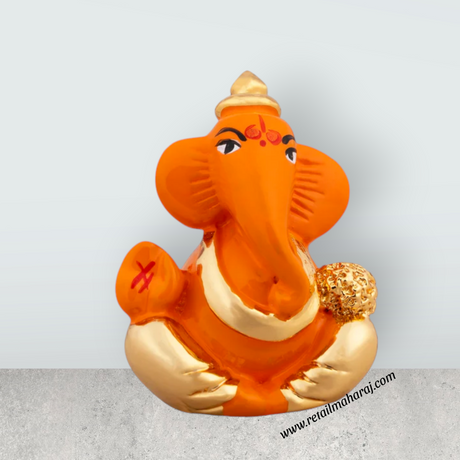 Ganesh Murti - 1.5 x 1.25 Inches | Metal Gold Polish Ganpati Murti/ Sitting Vinayaka Statue for Pooja - Retail Maharaj
