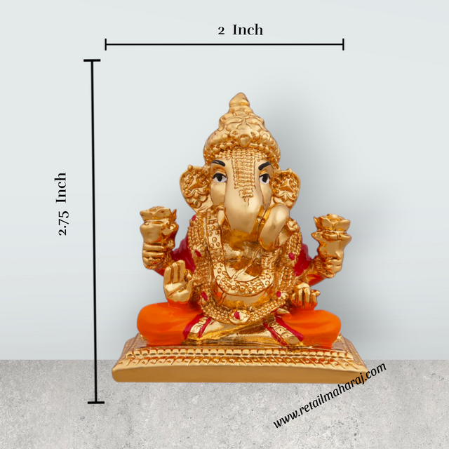 Ganesh Murti Sitting On Bajot - 2.75 x 2 Inches | Metal Gold Polish Vinayaka Statue/ Ganpati Statue for Pooja - Retail Maharaj