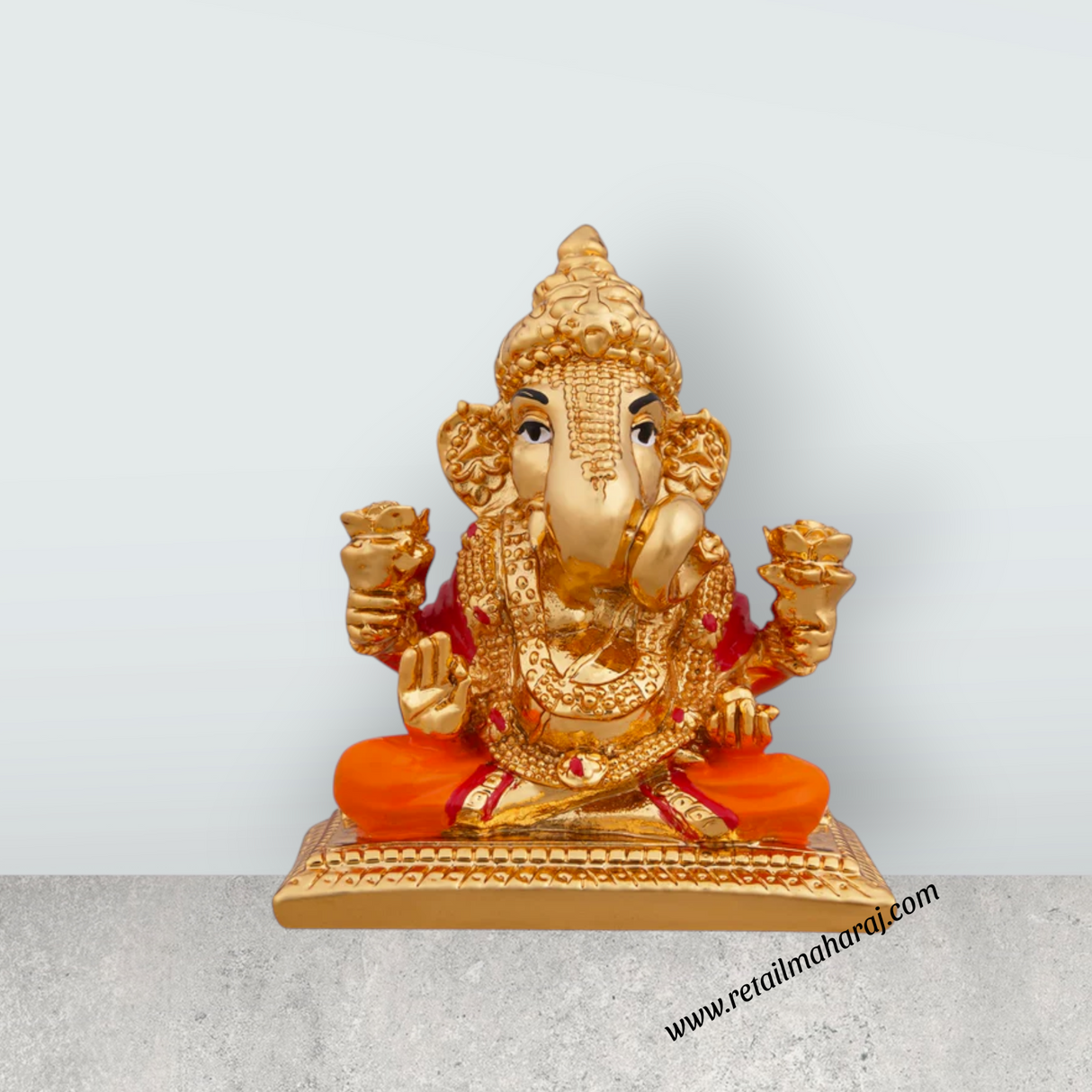 Ganesh Murti Sitting On Bajot - 2.75 x 2 Inches | Metal Gold Polish Vinayaka Statue/ Ganpati Statue for Pooja - Retail Maharaj