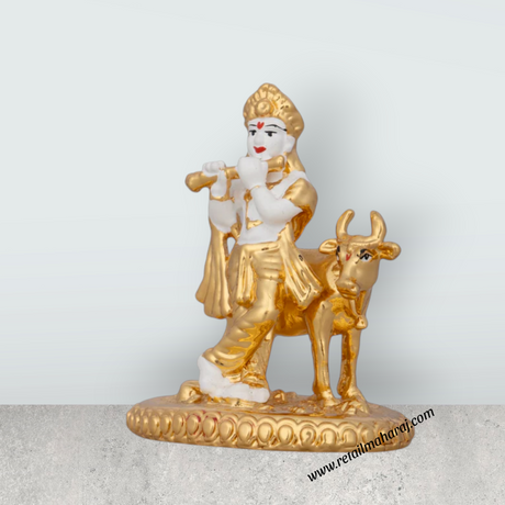 Cow Krishna Murti - 3 x 2.5 Inches | Krishna Statue/ Ceramic Sculpture for Pooja/ 70 Gms Approx - Retail Maharaj