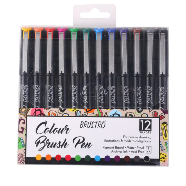 Brustro Colour Brush Pens Set of 12, Pigment-Based Brush Tips for Drawing and Calligraphy - Retail Maharaj