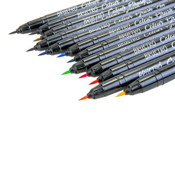Brustro Colour Brush Pens Set of 12, Pigment-Based Brush Tips for Drawing and Calligraphy - Retail Maharaj