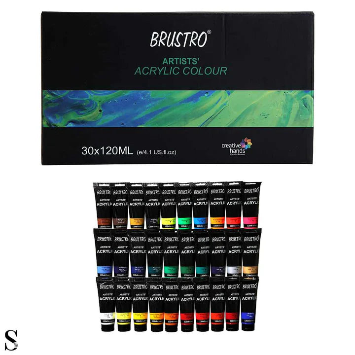 Brustro Artists Acrylic Colour Paint Set Complete Range 30 Shades 120ml Each - Retail Maharaj