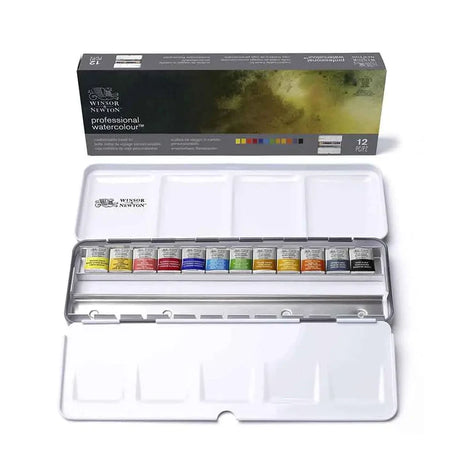 Winsor and Newton Professional Watercolour Black Box 12 Half Pans Set for Artists - Retail Maharaj