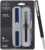 Parker Vector Matte Black Chrome Trim | Roller Ball Pen | Ink Color : Blue