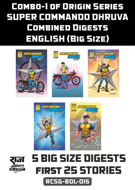 Raj Comics | Combo-1 of Super Commando Dhruva Origin Series in English (Big Size) Combined Digests | Super Commando Dhruva Digest 1-5 | Graphic Novel | English | Paperback - Retail Maharaj
