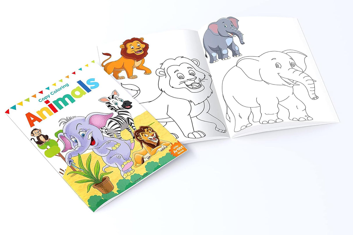Little Artist Copy Colouring Books: Set of 8 (Birds, Sea Animals, Fruits, Animals, Vegetables, Dinosaurs, Cars and People Around Us) - Retail Maharaj